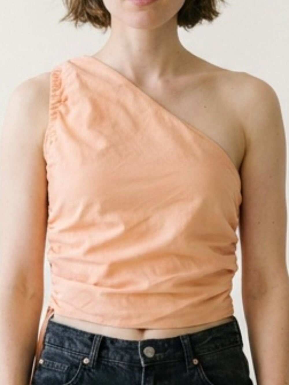 Giani Bini Coral / Peach Asymmetrical One-Shoulder Blouse | Side Zipper & Tie
